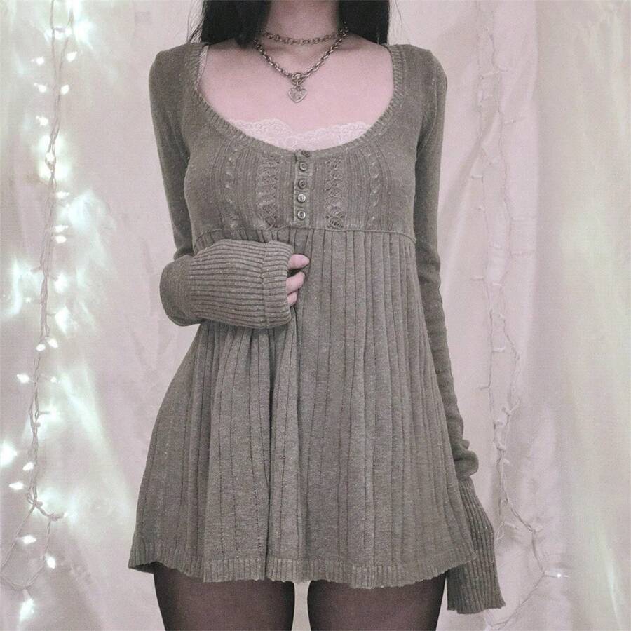 Women Autumn Knitted Tops Solid Color Long Sleeve Button Square Neck Tunic Blouse Sweaters - Green - View 1