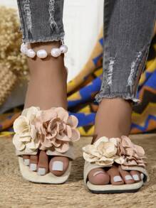 Women's Fashion 3D Flower Decorated Flat Sandals, Beige, Open Toe, Suitable For Beach, Travel, Party Wear, Comfortable Ladies Flat Slip-On Sandals, Suitable For Summer, Autumn, Back To School, Valentine's Day - Apricot - View 5