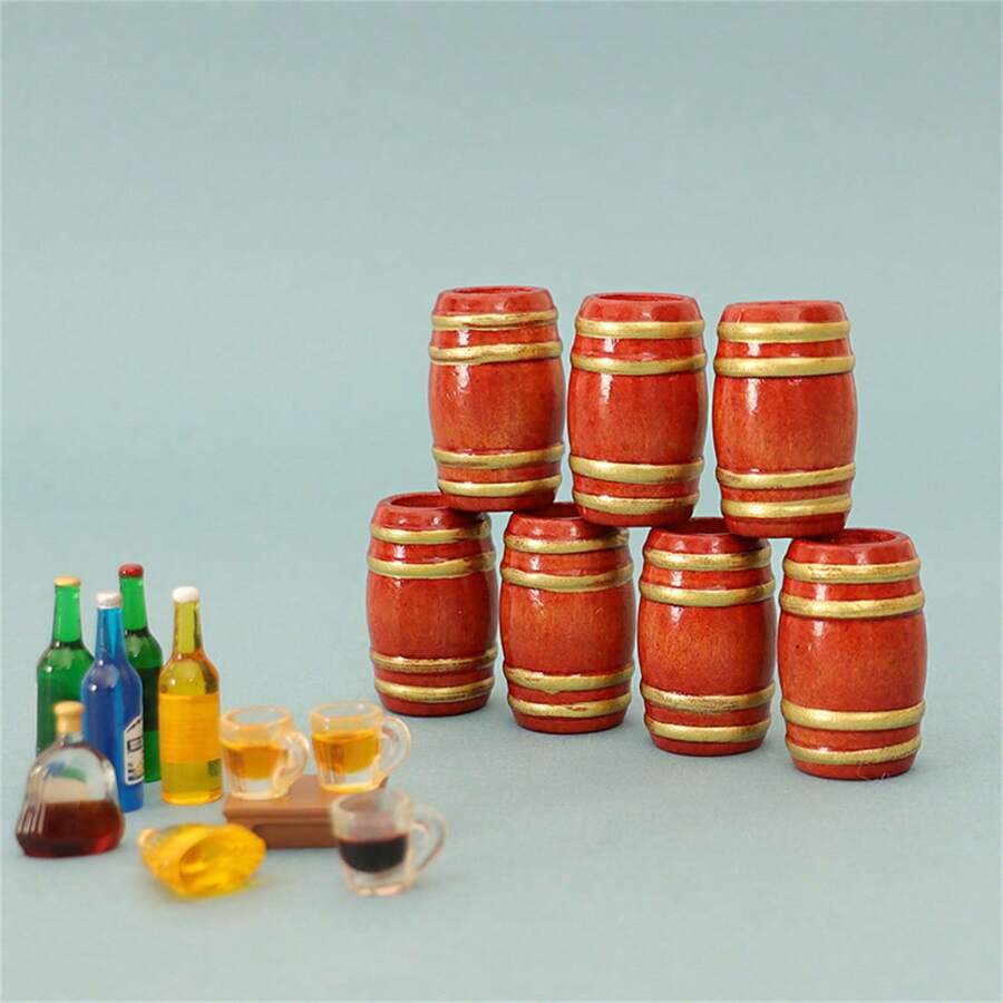 2pcs Vintage Wooden Barrel Model Miniature Decor - Multicolor - View 1