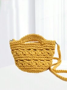 Bolso de playa de crochet de algodón para mujer, bolso de hombro con asa superior, lindo bolso cruzado, bolso pequeño para uso en vacaciones - Amarillo - Ver 2