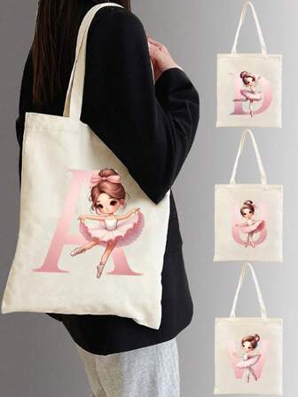 1 件卡通字母 A-Z 芭蕾舞女演员印花字母单肩包购物袋储物袋字母 A-Z 卡通印花储物袋多功能包大容量储物袋
