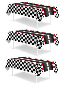 1pc/3pcs Racing Car Theme Table Cover, Black And White Checkered Car Runway Tablecloth,Birthday Party Supplies, Racetrack Disposable Plastic Table Covers For Racing Car Theme Party Supplies Birthday Table Decorations, Party Favor