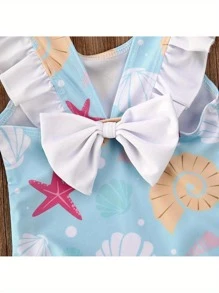 Baby Girls Summer One-Piece Swimwear Sleeveless Ruffles Shell Starfish Print Swimsuit Kids Cute Bow Backless Beachwear