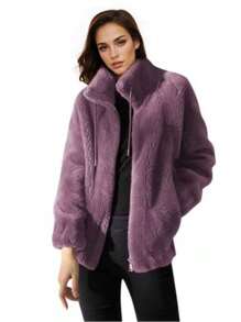Abrigo de invierno de peluche con cordón para mujer,Chaqueta de abrigo informal con cremallera,chamarras de mujer - Morado - Ver 1