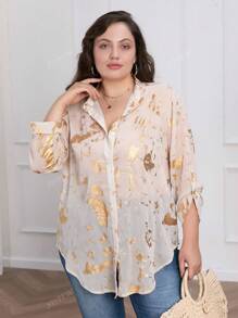 Blusa larga casual monopetto a maniche lunghe con fogli d'oro, taglie larghe per donna