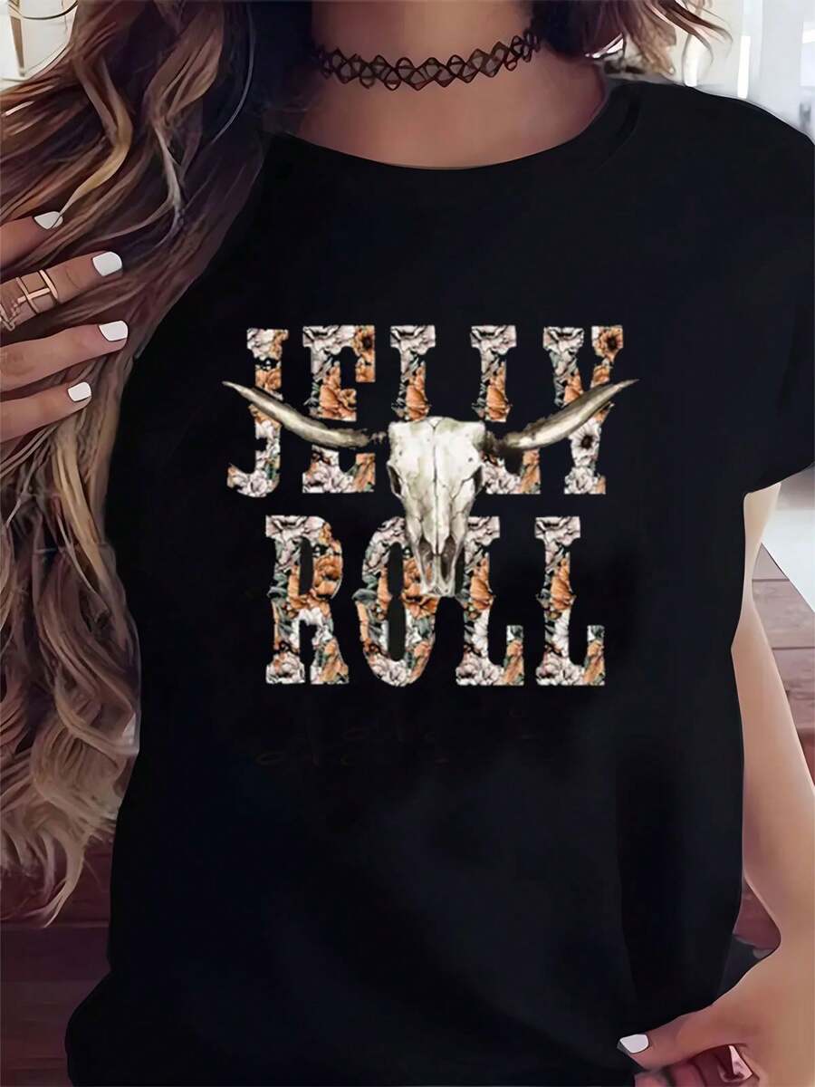 Western Horn Jelly Roll Letters Fashion Tee Women Cotton Soft Stylish Casual Short Sleeve Crew Neck Top