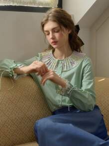 Simple Retro Women's Spring And Summer Models Holiday Style Patchwork Collar Printing Collision Green Elegant Retro Temperament Casual Long-Sleeved Shirt Blouse Top - Green - View 10