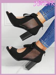 Women's Fashion Hollow Out Bowknot Open Toe Platform Thick High Heel Sandals, Suitable For Spring/Autumn - Black - View 2