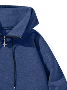 男士休闲纯色半拉链连帽卫衣，春秋季长袖上衣 - 藏蓝色 - 查看 4