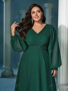QOQ Elegant Dark Green Plus Size V-Neck Lantern Sleeve Faux Pearl Decoration Waist Gown Dresses, Party Dress, Wedding Guest Dress, Formal Dress, Evening Dress