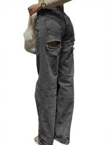 Women Straight Denim Pants, Side Pockets Ripped Cutout Long Street Casual Fall Spring Trousers - Grey - View 3