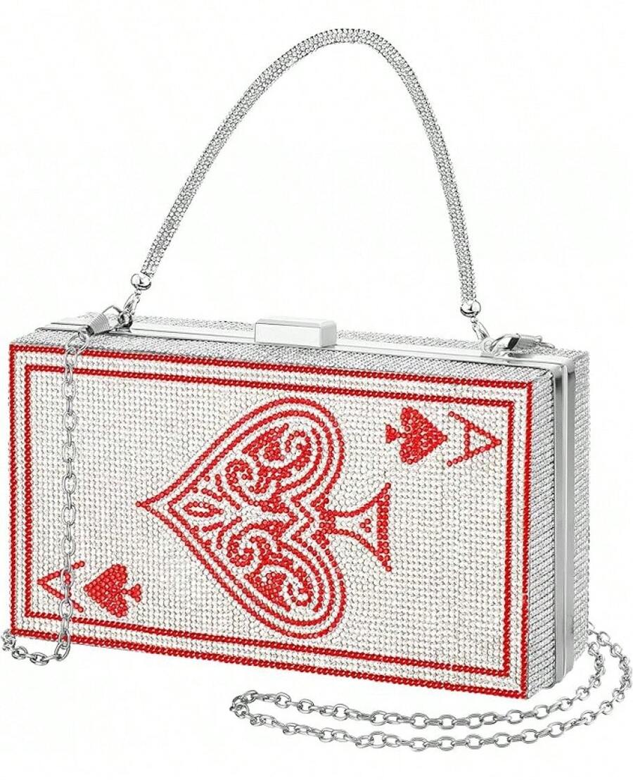 Women Poker Card Evening Clutch Purse Casino Vegas Novelty Purse Hearts Bags Playing Cards(Black,Of Hearts) - 紅色 - 查看 1
