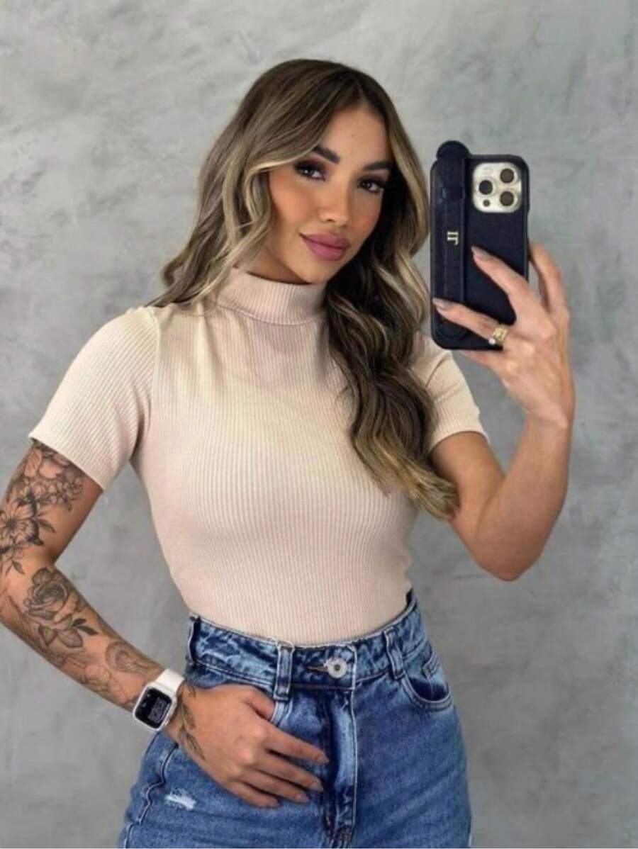 Women's Short Sleeve High Neck Ribbed Blouse For Summer - Màu be - Xem 1