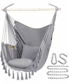 Y- Stop Hammock Chair Hanging Rope Swing Chair, Max 500 Lbs, 2 Seat Cushions Included, Removable Steel Spreader Bar With Anti-Slip Rings, Hardware Kit-For Indoor Or Outdoor(Dark Grey) - Light Grey - View 1