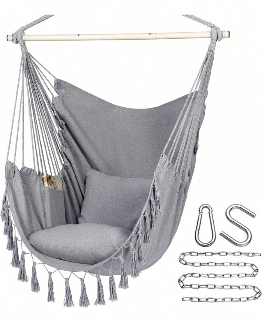 Y- Stop Hammock Chair Hanging Rope Swing Chair, Max 500 Lbs, 2 Seat Cushions Included, Removable Steel Spreader Bar With Anti-Slip Rings, Hardware Kit-For Indoor Or Outdoor(Dark Grey) - Light Grey - View 1