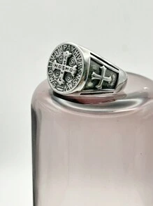 Men's Stainless Steel Ring Order Of Protection Of Saint Benedict Gold Plated Silver Cross - Bạc - Xem 2