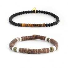 2pcs/Set Minimalist Couple Bracelets With Tiger Eye Stone, Glass Beads, Coconut Shell Heart Pendant, Valentines Gift For Boyfriend/Girlfriend - Bracelet - View 1