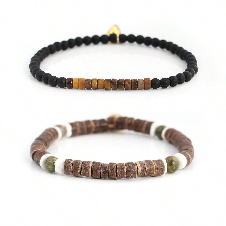 2pcs/Set Minimalist Couple Bracelets With Tiger Eye Stone, Glass Beads, Coconut Shell Heart Pendant, Valentines Gift For Boyfriend/Girlfriend - Bracelet - View 1