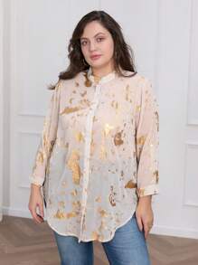 Women Plus Size Gold Foil Long Sleeve Single Breasted Loose Casual Blouse