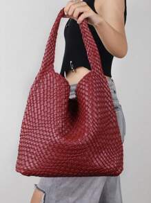New Stylish Minimalist Chic Design Braided Tote Bag, Bucket Bag, Shoulder Bag, Underarm Bag, Retro Style, Suitable For Office Work, Commute, White Collar, Student, Adorable Dopamine Color Series - 酒紅色 - 查看 6