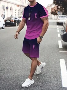 Men's Summer Letter & Crown Print Crew Neck Short Sleeve T-Shirt And Drawstring Waist Shorts Set - Multicolor - View 2