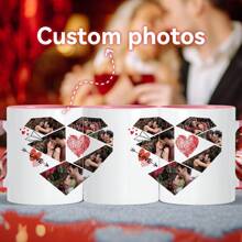 1 pièce de 11oz personnalisée avec plusieurs photos, motif d'amour, tasse à eau à fond plat et anse pleine d'amour, série de la Saint-Valentin, tasse à café en céramique, tasse à lait, réutilisable, cadeau de la Saint-Valentin pour elle, convient pour le thé de l'après-midi, la maison, le bureau