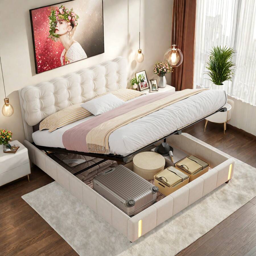 Elegant Double Bed, Headboard With Floral Pattern, Beige Velvet Upholstered Bed 140/160 X 200 Cm, Box Spring Bed, Hydraulic Bed Without Large Bed, Without Mattress - 米色 - 查看 1