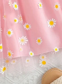 Young Girl Sunflower Print Tulle Ballet Princess Dress, Spring/Summer - Pink - View 6