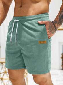 Loose Fit Green Corduroy Straight Leg Shorts, Men's Printed Street Style Casual Summer Sports Shorts