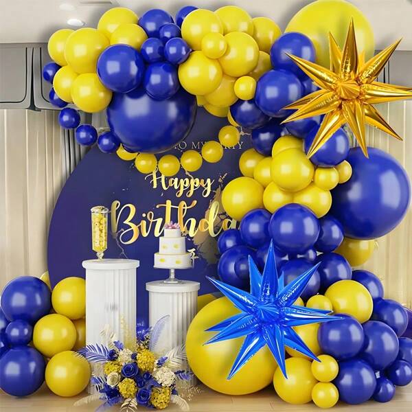 Kit de arco de balão amarelo e azul com 106 peças/conjunto com balões de confete dourado e azul de 22" - para decoração de comemoração, aniversário, noivado, aniversário, formatura, suprimentos para festas de adultos