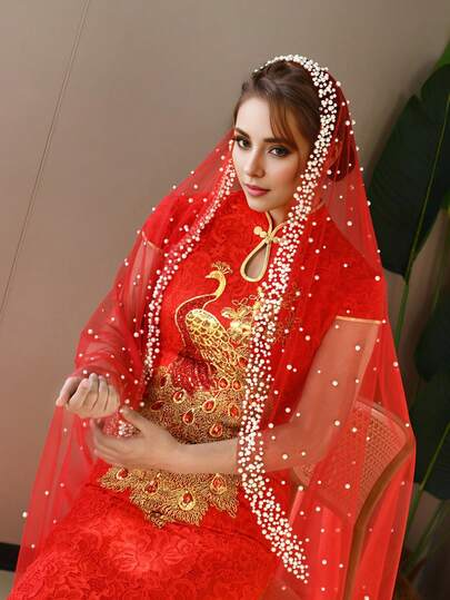 1pc 3M Pearl Design Red Bridal Veil, Suitable For Wedding Gift, Cathedral Wedding Dress Accessory, No Hair Comb Christmas