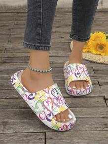 1 双女童厚底防滑舒适拖鞋，户外休闲心形随机印花沙滩度假凉鞋，适合青少年，夏季 - 白色 - 查看 5