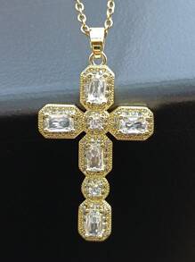 1 件男士吊坠项链，铜色几何拼布锆石吊坠项链，百搭多层配饰