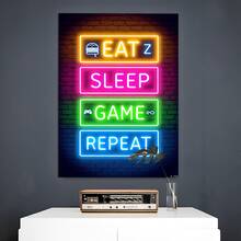 1pc Framed Canvas Poster, Neon Sign With Eat Sleep Game Repeat Text And Related Icons Wall Art Canvas Paintings, Ideal Gift For Bedroom Living Room Corridor, Wall Art, Room Decoration