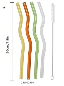 Set (4 Straws + 1 Brush) Wavy Glass Straws, Reusable Colorful Glass Straws With 1 Cleaning Brush, Heat Resistant, Perfect For Smoothies, Tea, Coffee, Juice, Festival Party Wedding, Kitchen Utensils, Party Supplies, 20cm/7.8inch,School Supplies - One Size - View 14