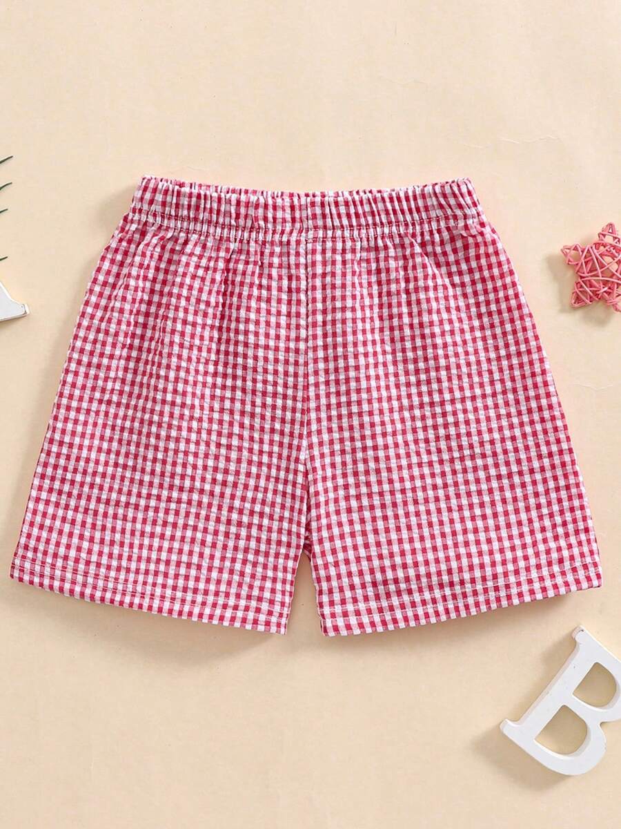 Toddler Baby Boy Girl Shorts Gingham Plaid Shorts Summer Casual Elastic Waist Shorts Pants Bottoms - 紅色 - 查看 1