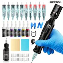 Neebol Rotary Tattoo Pen Kit, Wireless Tattoo Machine With Screen Display, 1500mAh Battery Supply, Tattoo Kit Full Set, 10 Cartridge Needles, 65ml Ink, Extra 30ml Black Ink,Tattoo Supplies, Complete Tattoo Gun Machine For Beginners And Tattoo Artists, Holiday Gifts New Year Gifts For Girlfriend And Boyfriend - 黑色 - 查看 1