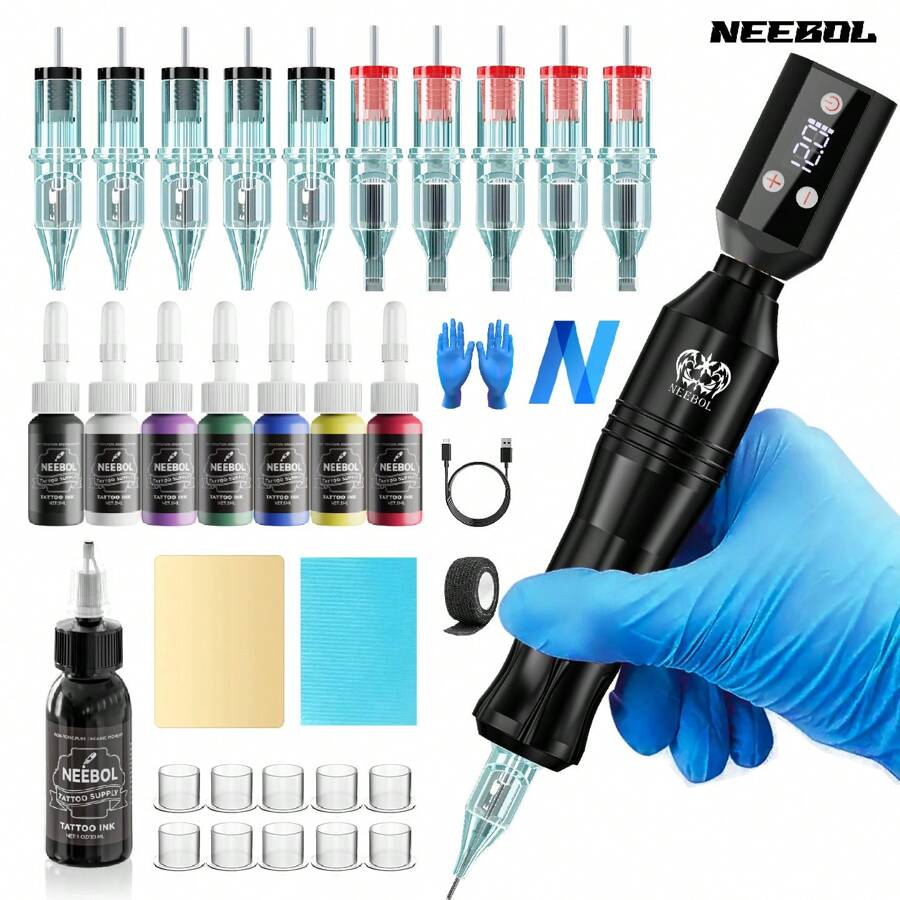 Neebol Rotary Tattoo Pen Kit, Wireless Tattoo Machine With Screen Display, 1500mAh Battery Supply, Tattoo Kit Full Set, 10 Cartridge Needles, 65ml Ink, Extra 30ml Black Ink,Tattoo Supplies, Complete Tattoo Gun Machine For Beginners And Tattoo Artists, Holiday Gifts New Year Gifts For Girlfriend And Boyfriend - 黑色 - 查看 1