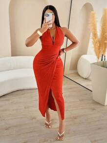 女士性感派对深 V 领裹身下摆挂脖露背长裙