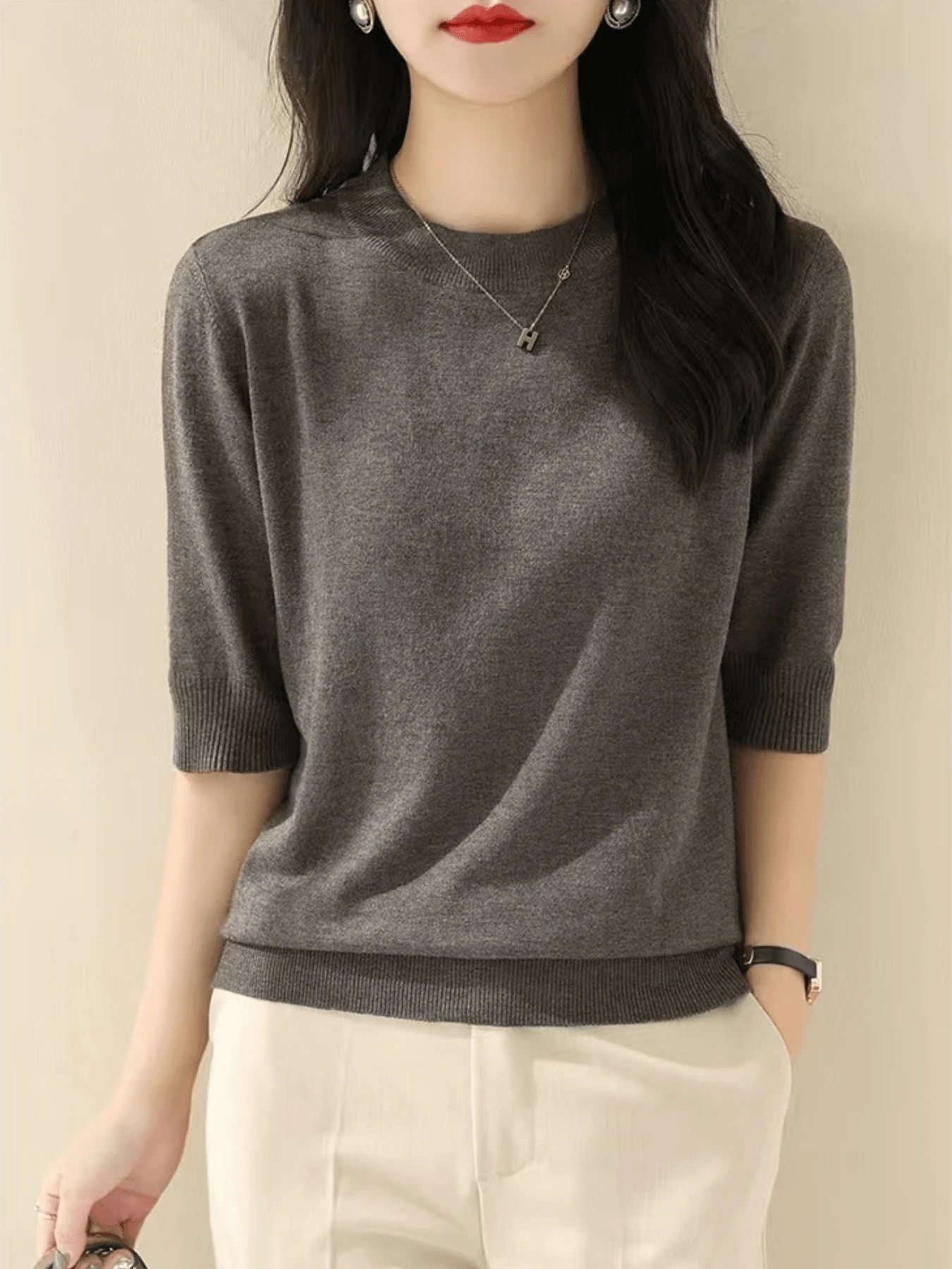Fine Quality Women's Ribbed Crew Neck Mid-Sleeve Knitted Sweater Top, Fashionable Loose Fit, Autumn Spring New Arrival