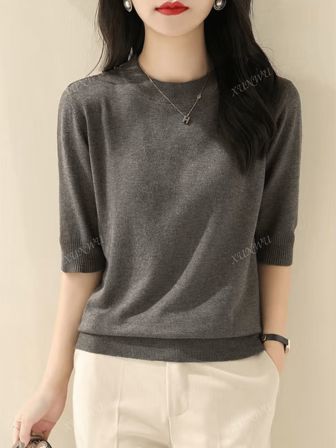 Maglione da donna di alta qualità a collo alto lavorato a costine con maniche medie, di taglio morbido e ampio, novità autunnali e primaverili