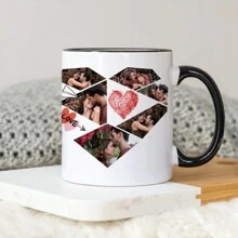 1 pièce de 11oz personnalisée avec plusieurs photos, motif d'amour, tasse à eau à fond plat et anse pleine d'amour, série de la Saint-Valentin, tasse à café en céramique, tasse à lait, réutilisable, cadeau de la Saint-Valentin pour elle, convient pour le thé de l'après-midi, la maison, le bureau