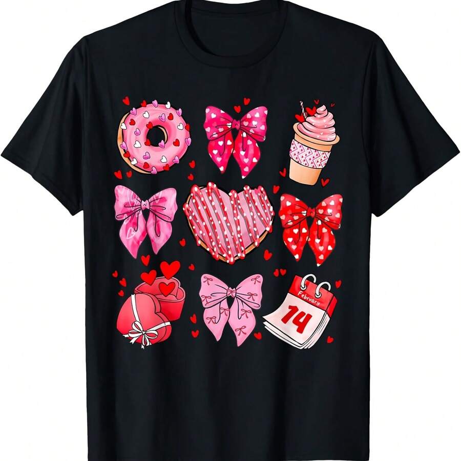 Retro Valentine's Day Coquette Bow Cake Heart For Girlfriend T-Shirt - Black - View 1