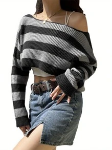 Women Fall Cropped Sweater, Knitted Stripe Off Shoulder Long Sleeve Pullover Knitwear Streetwear For Girls Fall Autumn Winter