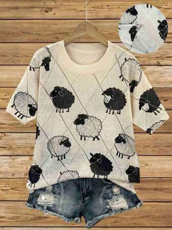 时尚休闲宽松V领短袖镂空针织羊图案印花套头衫，女款，春夏