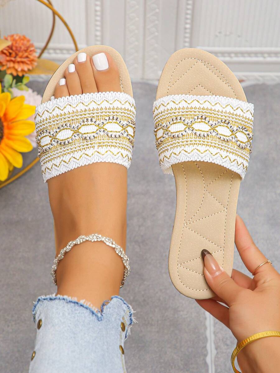 Sandalias tipo mule de suela plana de color beige sólido para interiores y exteriores, de diseño ligero con plantilla bordada, casual para caminar en el parque, adecuadas para todas las estaciones, calzado de mujer