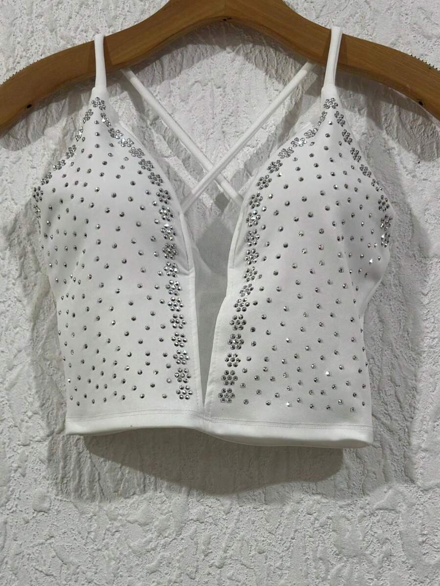 Cropped Top In Neuprene Fabric With Tulle And Extra Shiny With A Cup, Size 36-40 - Blanco - Ver 1