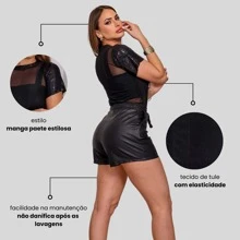 Tulle Blouse With Sequin Sleeves Clothing For Women To Wear In Everyday Life, At Nightclubs, Parties, Show Performances, Music Festivals T-Shirt T-Shirt - màu đen - Xem 3