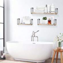 3x Floating Shelves Wooden Wall Mounted Shelves Storage And Display Racks Metal Brackets For Kitchen Bathroom Bedroom Living Room Office Rustic StyleRoom Decor - Wood Color - View 4