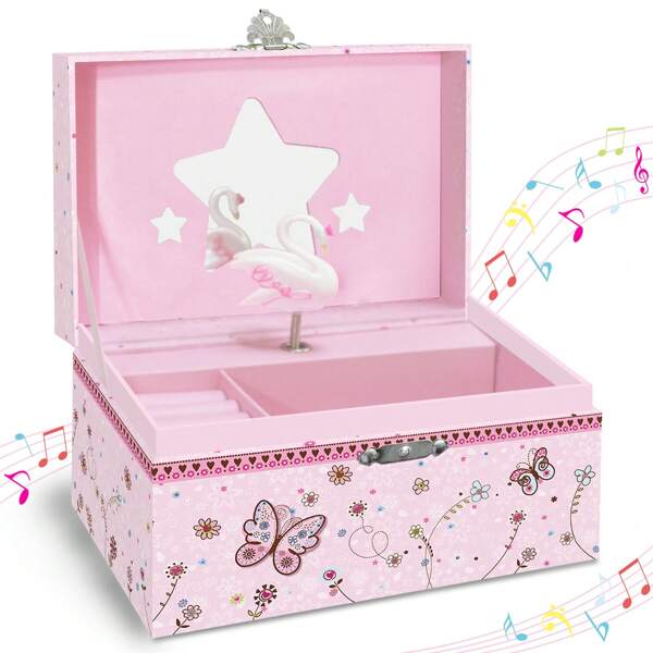 1 Peça Caixa de Jóias Feminina - Caixa de Jóias Musical Retangular e Quadrada, Decorada com Cisne Voador, Design Fofo de Borboleta Rosa, Organizador de Acessórios de Colecionador, Presente de Aniversário, Volta às Aulas